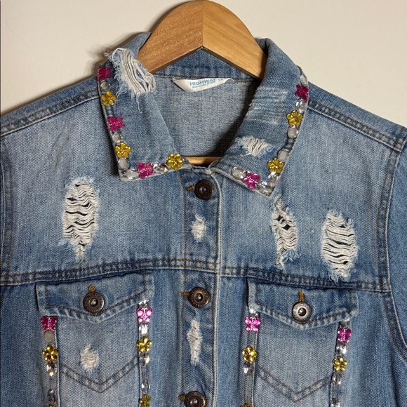 Vintage Highway  Jeans Bedazzled Distressed Denim Jacket 1X - Picture 2 of 4